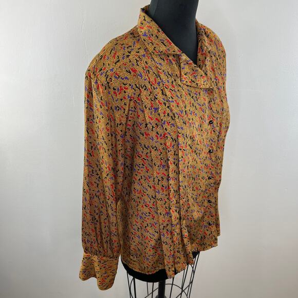 Vintage STUART LANG Tan Print Long Sleeve Button-Down Pleated Collared Shirt 12 - Picture 3 of 7